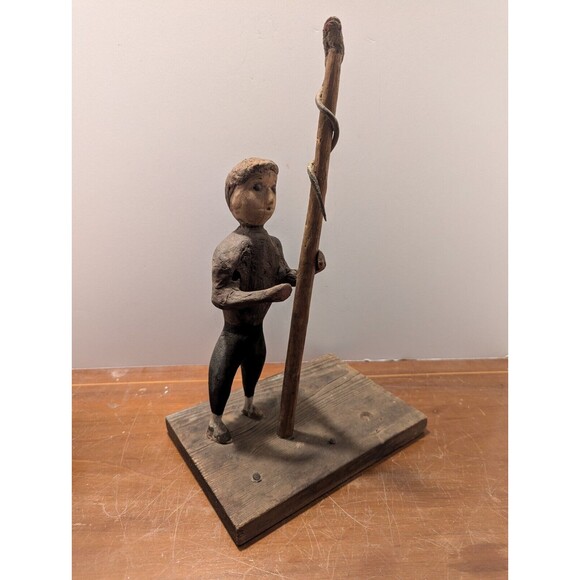 1900's Wood Carved Man With Snake On Pole Folk Art - Picture 2 of 10